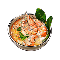 Tom yam soup Thai food with shrimps vector illustration