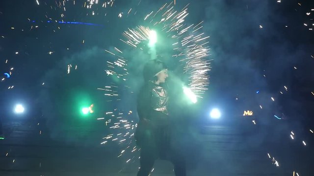 Fire show slow motion. Fireworks. Fire show with dancing man. Amazing at night. Part 38