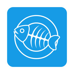 Icono plano trazo espina de pescado en plato en cuadrado azul