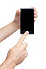 Vertical mockup of male hand holding frameless cell phone and pointing at black screen at white isolated background.
