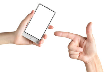 Mockup of female hand holding frameless cell phone and male hand pointing at its blank white screen at white isolated background.