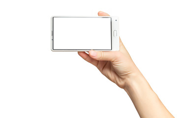 Mockup of female hand holding frameless cell phone with white blank screen isolated at white background.
