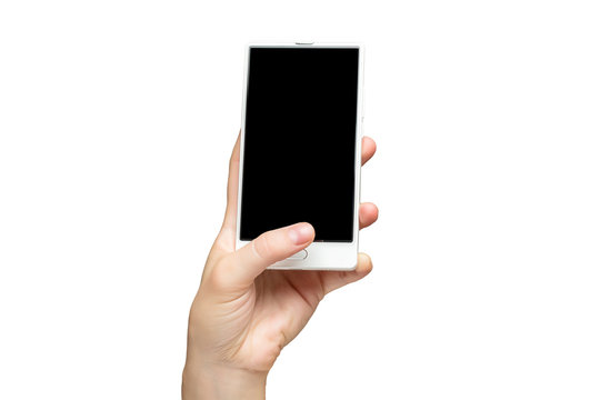 Mockup of female hand holding frameless cell phone with black screen isolated at white background.
