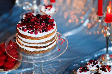Delicious berry cake, macaroons and muffins on a silver background