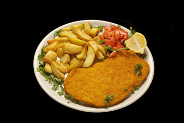 cotoletta alla milanese, fried chicken with french fries