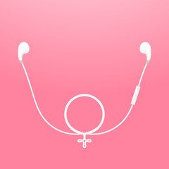 Earphones wireless and remote, earbud type white color and Female gender symbol made from cable isolated on pink gradient background, with copy space