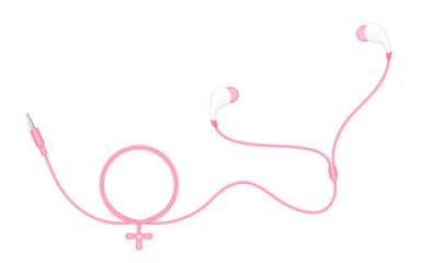Earphones, In Ear type pink color and Female gender symbol made from cable isolated on white background, with copy space