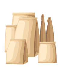 Collection of brown recycled eco paper bag side view and front view flat vector illustration on white background web site page and mobile app design