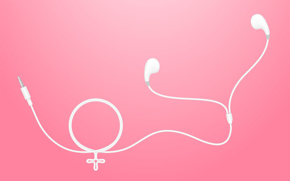 Earphones, Earbud type white color and Female gender symbol made from cable isolated on pink gradient background, with copy space