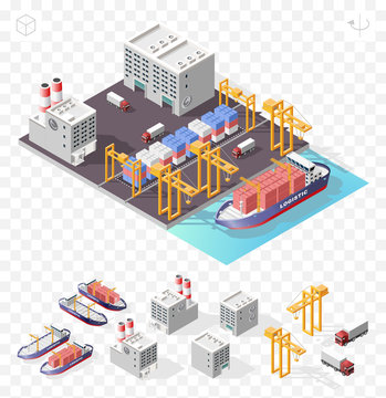 Set of Isolated High Quality Isometric City Elements . Harbor with Shadows on Transparent Background