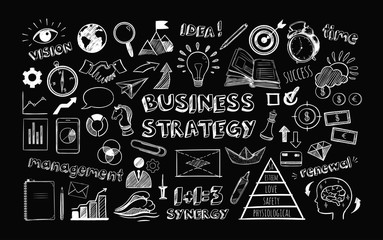 Obraz premium Business strategy. Big set of Business Icons. Vector hand drawn isolated objects. Sketch style