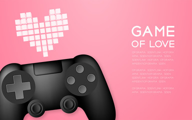 Gamepad or joypad black color and pixel heart symbol, Game of love concept design illustration isolated on pink gradient background, with copy space