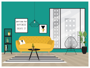 Set of cool interior design house furniture. Luxury and trendy living room background illustration.