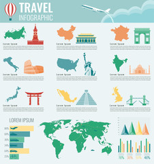 Travel and Tourism Infographic set with famous world landmarks, charts and maps. Vector