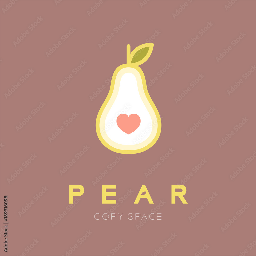 Poster pear fruit with heart logo icon set design illustration isolated on pink background with pear text a