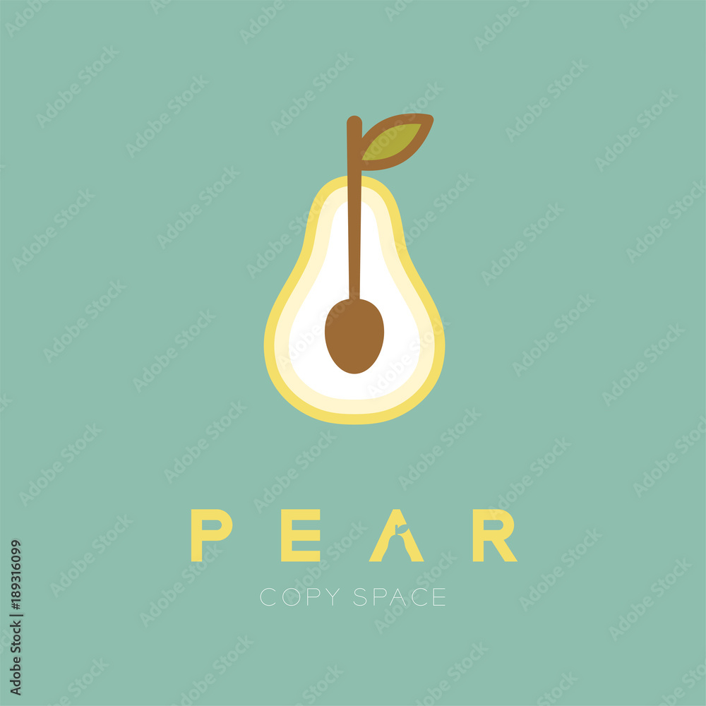 Poster pear fruit with spoon logo icon set design illustration isolated on green background with pear text 