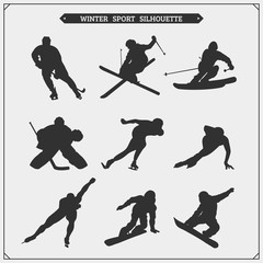 Vector set of sport players silhouettes. Winter sport.