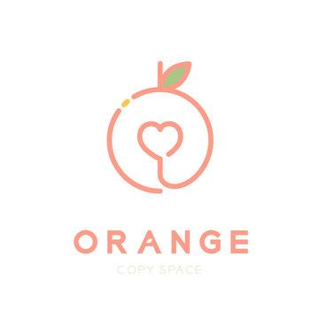 Orange fruit with heart logo icon outline stroke set design illustration isolated on green background with Orange text and copy space, vector eps10