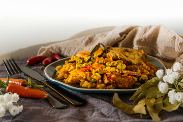 Prawn with rice - closeup of prawn with rice - traditionnal spanish food paella