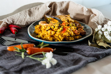 Prawn with rice - closeup of prawn with rice - traditionnal spanish food paella