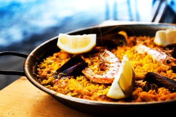 Prawn with rice - closeup of prawn with rice - traditionnal spanish food paella
