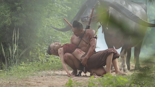 Cinema footage scene of loss, warlord lovers, or warriors. The Ayutthaya period.
