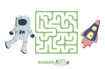 Children's maze with astronaut and rocket. Cute puzzle game for kids, vector labyrinth illustration.