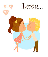 Kissing little Couple vector illustration for Valentine's Day for Valentine`s Day. Kids couple
