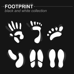 Set of prints of the hands and feet, footprints, silhouette, isolated on black background. Vector