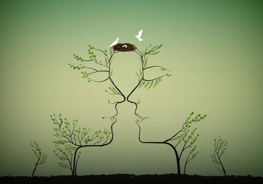 Couple Of People Look Like Tree Branches Silhouettes With Bird Nest, Family Concept,