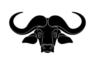 Graphic print of drawn buffalo head. Silhouette on white background.