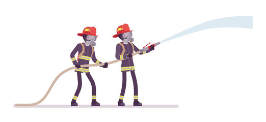 Young male firefighters with water hose