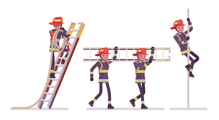 Fototapeta premium Young male firefighter at ladder and pole