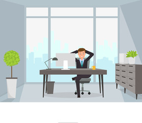 Happy businessman sitting at computer. Vector illustration.