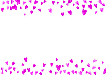 Heart border for Valentines day with pink glitter. February 14th day. Vector confetti for heart border template. Grunge hand drawn texture. Love theme for party invite, retail offer and ad.