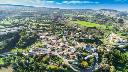 Aerial bird's eye view of Goudi village in Polis Chrysochous valley, Paphos, Cyprus. View of...