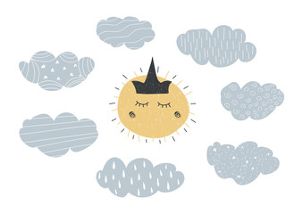 Hand drawn grunge vector illustration in scandinavian style with ornamental clouds and sun with crown