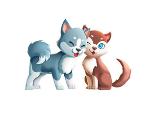 Two Cute Dogs! Kissing Couple! Video Game's Digital CG Artwork, Colorful Concept Illustration, Realistic Cartoon Style Characters
