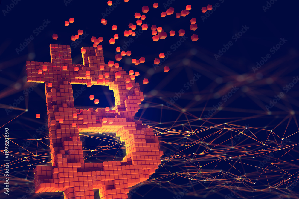 Aufkleber Bitcoin 3D illustration. Blockchain. Bitcoin symbol consisting of separate flaming blocks is located on the background of a polygonal network Futuristic concept of mining cryptocurrency