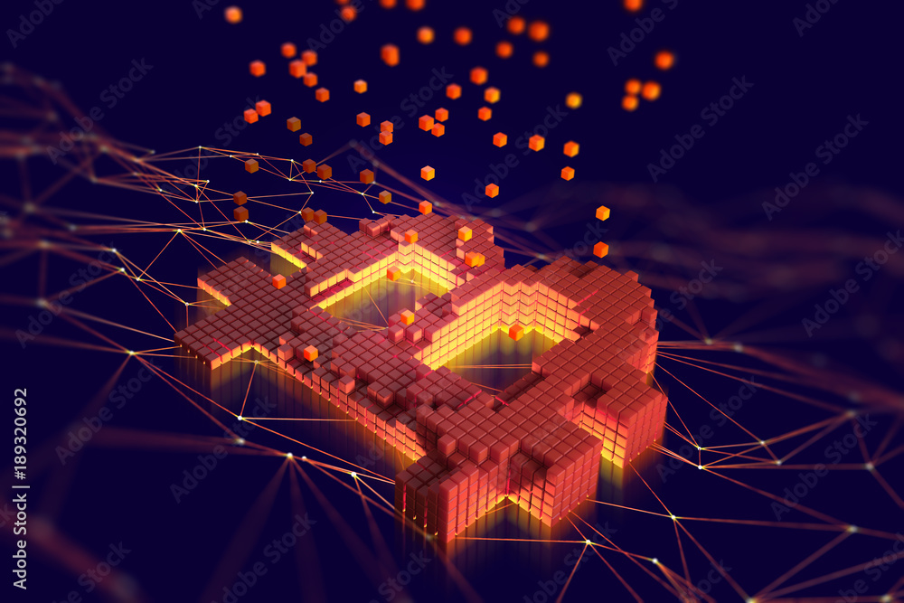 Aufkleber 3D illustration of the topic of Blockchain. Bitcoin symbol consisting of separate flaming blocks is located on the background of a polygonal network Futuristic concept of mining cryptocurrency