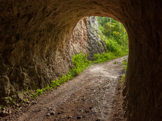 Obraz premium A forest road and a tunnel in the austrian Rettenbachtal