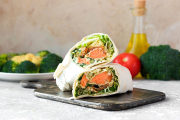 Roll with salmon in pita bread