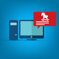 Alert notification with trojan horse, bubble speech red alert on laptop computer vector, malware concept, spam data, fraud internet error, insecure connection, online scam, virus.