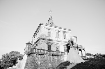 Fabulous wedding couple posing in front of an old medieval castle in the countryside on a sunny day. Black and white photo.