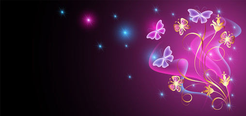 Fototapeta na wymiar Neon butterfly and flowers