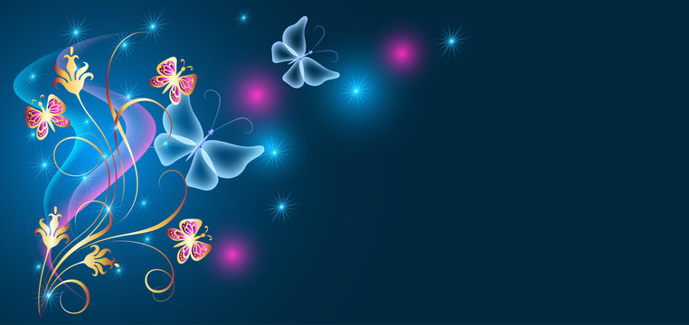 Neon butterfly and flowers