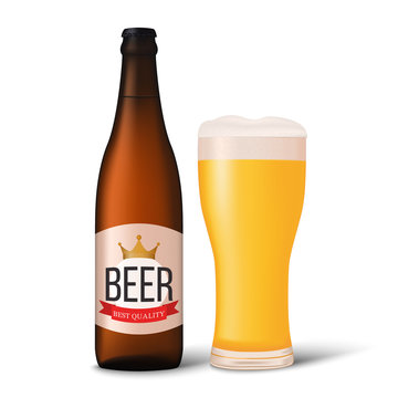 Craft beer. Realistic beer bottle and beer glass isolated on white background. Vector illustration