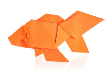 Orange fish of origami, isolated on white background. Stock