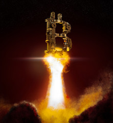 Golden bitcoin sign up with smoke and fire. Bitcoin Gold and Cash lightning blockchain hard work concept on dark background