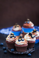Homemade delicious chocolate cupcakes with fresh berries on top